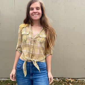 American Rag Cie Yellow Western Crochet Tie Blouse